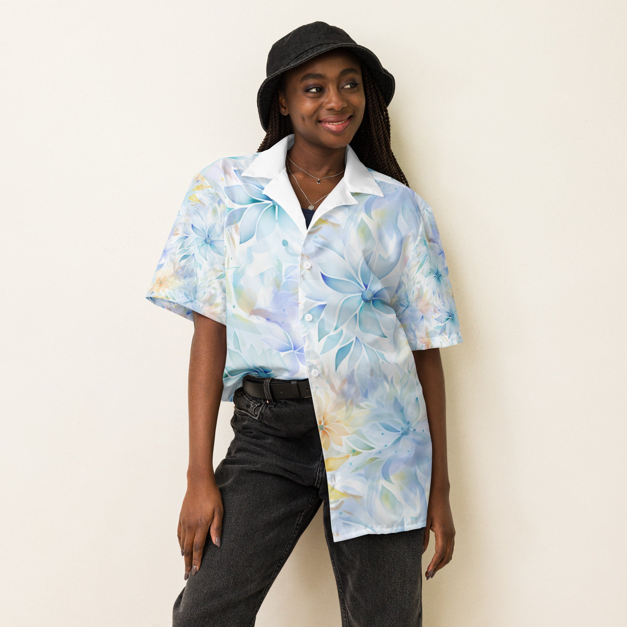 Subtle Elegance in Bloom: Whispering Floral Soft Pastel Unisex Hawaii Shirt - A Chic & Stylish Statement in Every Thread