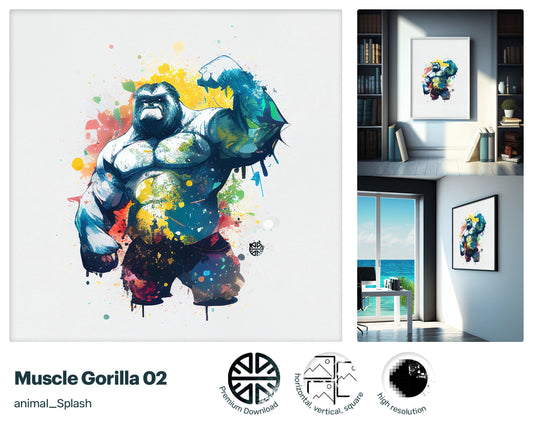 Strong Glowing Muscle Gorilla, Dynamic Drawn Lithographs, Blissful Refreshing Dancing Quirky Modern Prints