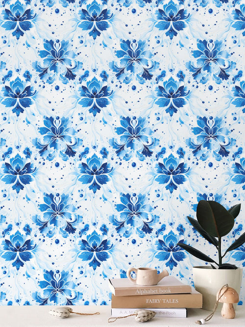 Elegant Bavarian Floral Wallpaper: Blue & White Abstract - Seamless, Traditional & Modern Design