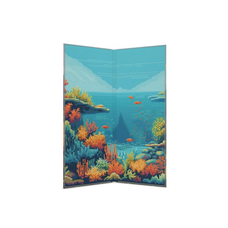 Pixel Art Paravent: Dual-Design Room Divider - Bavarian Landscape & Great Barrier Reef, Stylish Decor, 150 cm