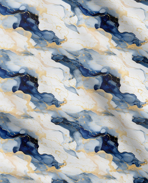 Elegance Woven: Navy, White, and Gold Marble Essence Fabric