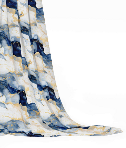 Elegance Woven: Navy, White, and Gold Marble Essence Fabric