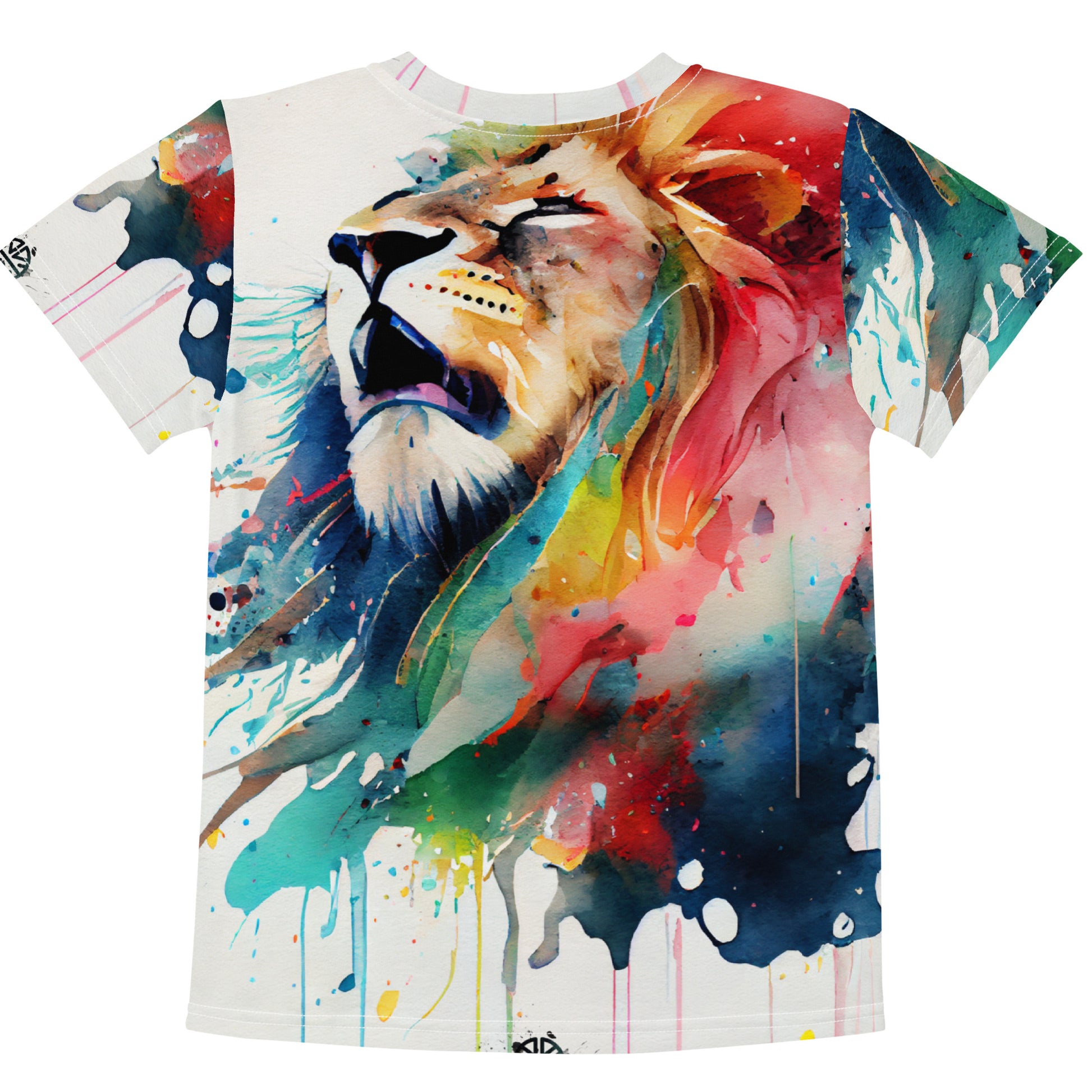 Roaring Watercolor Lion: Expressive Kids Crew Neck T-Shirt - Allover Print Power Animal