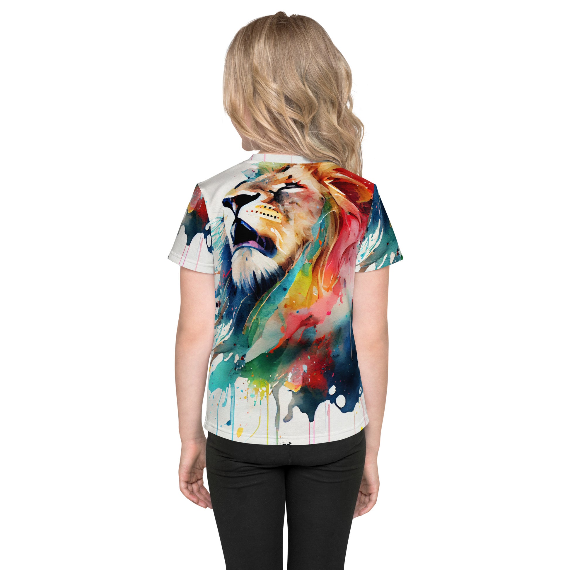 Roaring Watercolor Lion: Expressive Kids Crew Neck T-Shirt - Allover Print Power Animal