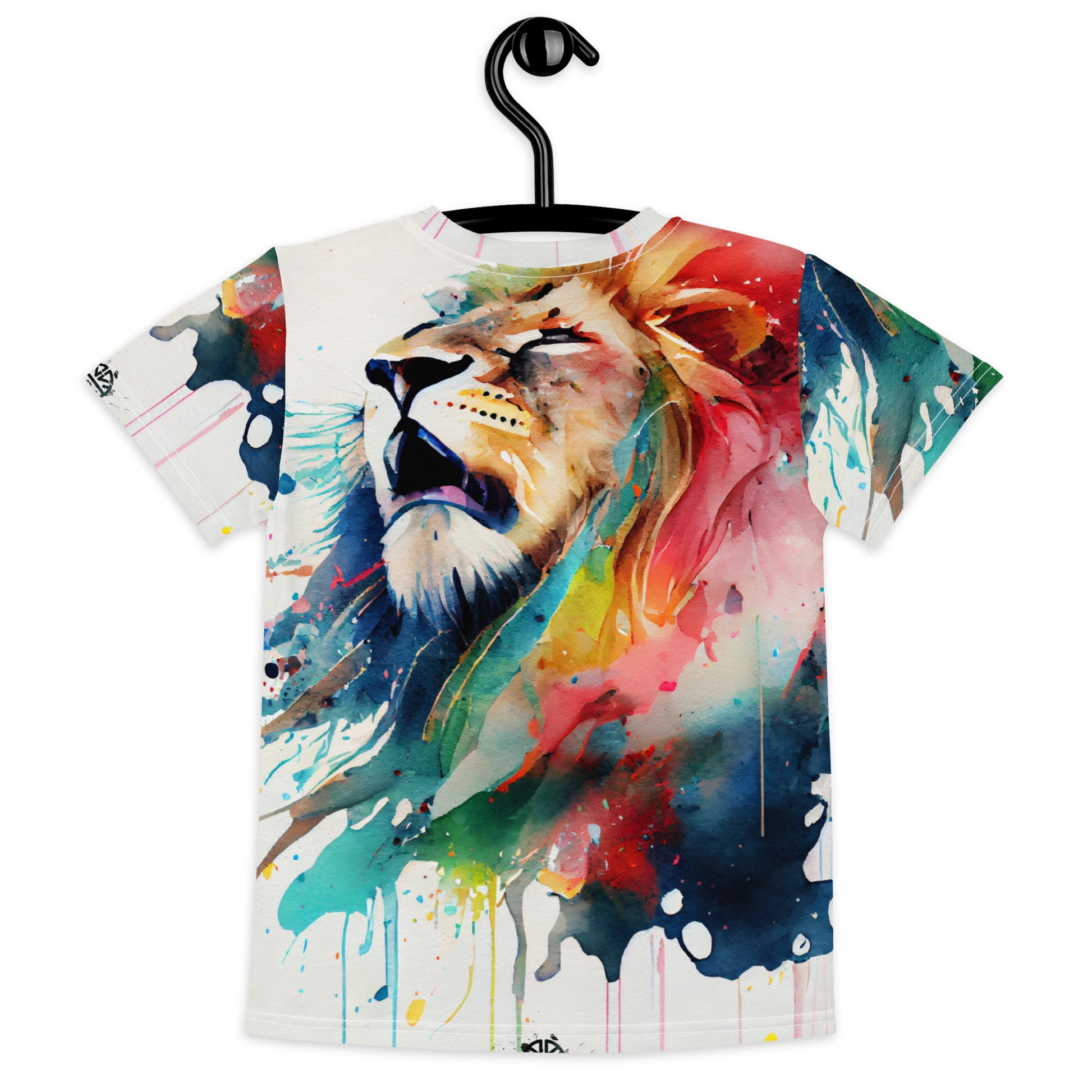 Roaring Watercolor Lion: Expressive Kids Crew Neck T-Shirt - Allover Print Power Animal