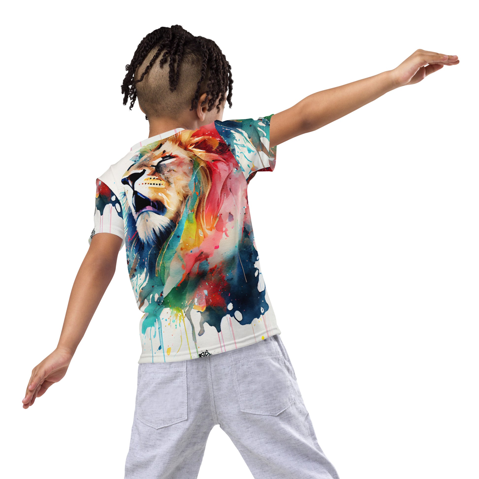 Roaring Watercolor Lion: Expressive Kids Crew Neck T-Shirt - Allover Print Power Animal