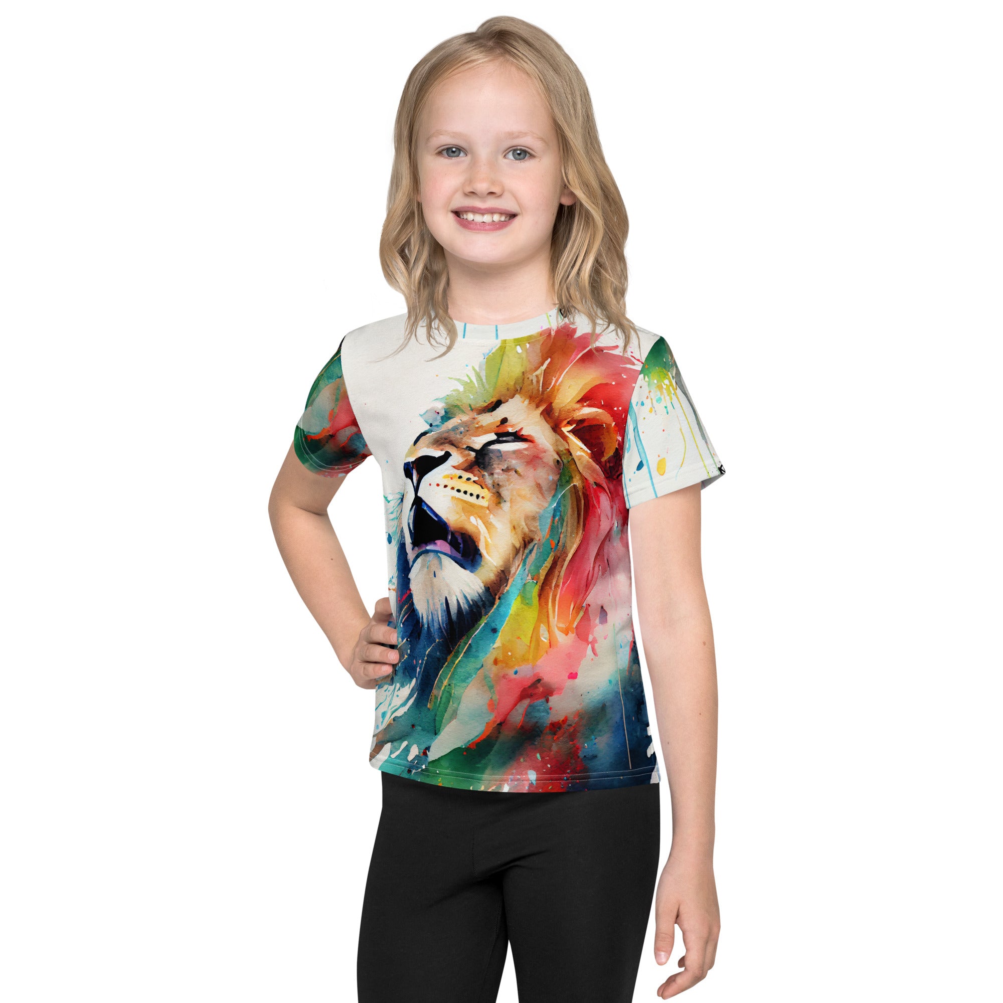 Roaring Watercolor Lion: Expressive Kids Crew Neck T-Shirt - Allover Print Power Animal