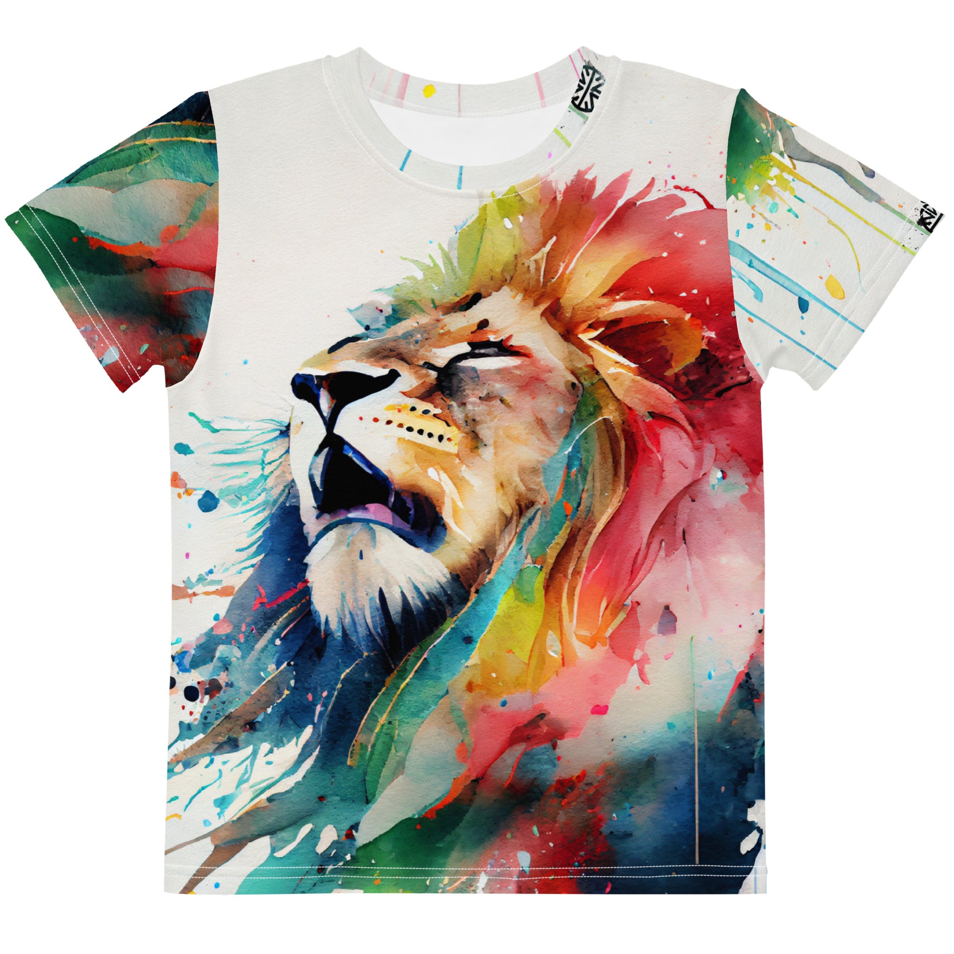 Roaring Watercolor Lion: Expressive Kids Crew Neck T-Shirt - Allover Print Power Animal