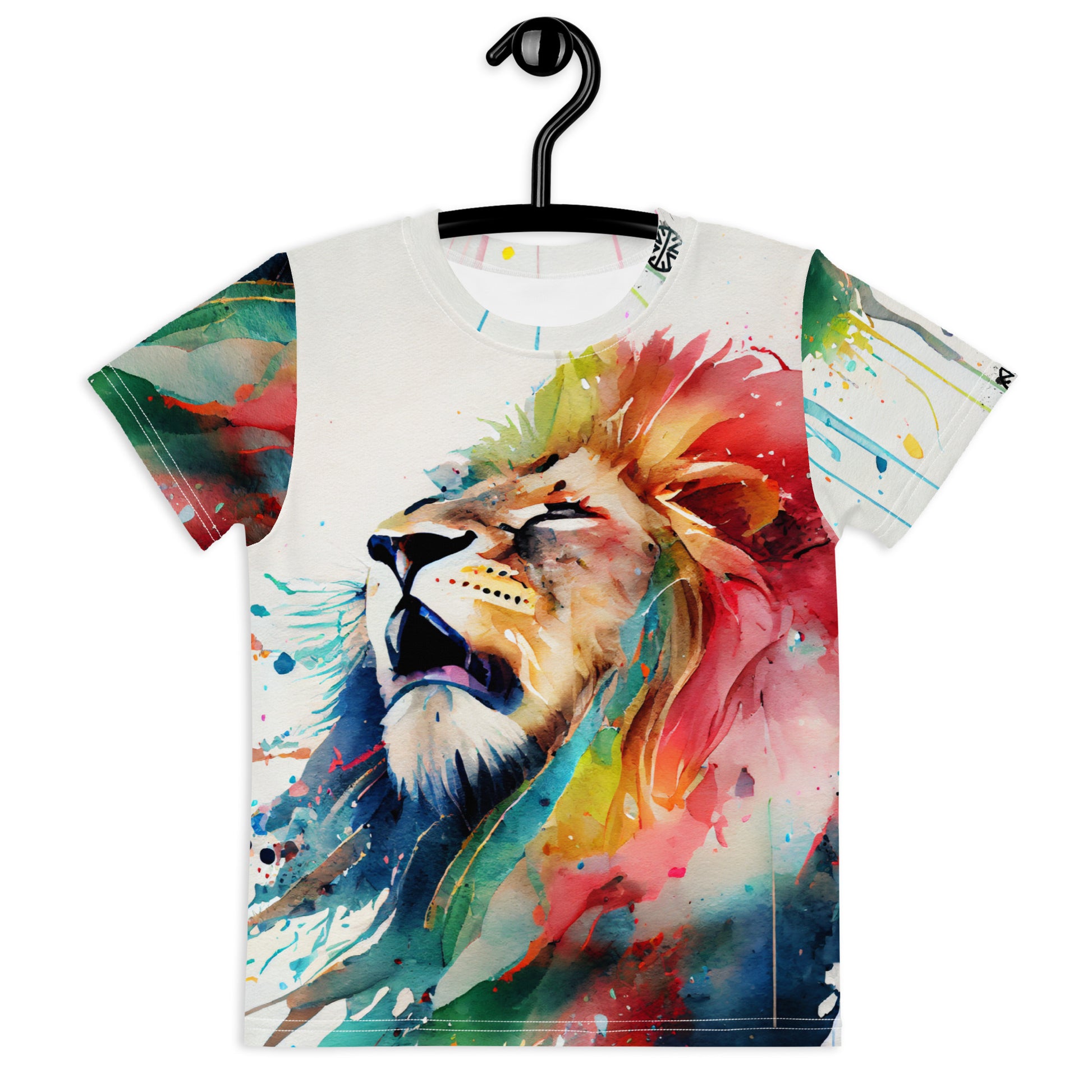 Roaring Watercolor Lion: Expressive Kids Crew Neck T-Shirt - Allover Print Power Animal