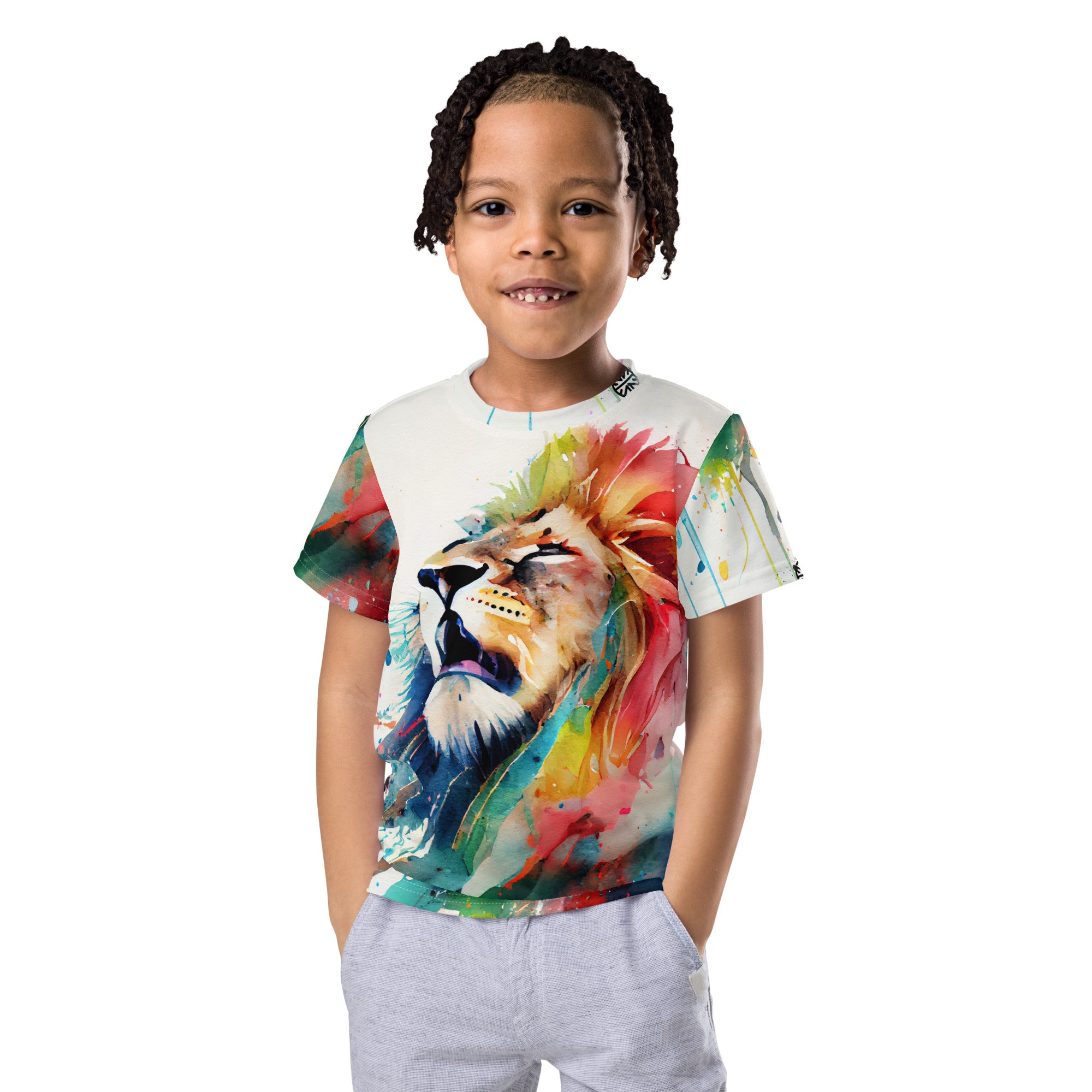 Roaring Watercolor Lion: Expressive Kids Crew Neck T-Shirt - Allover Print Power Animal