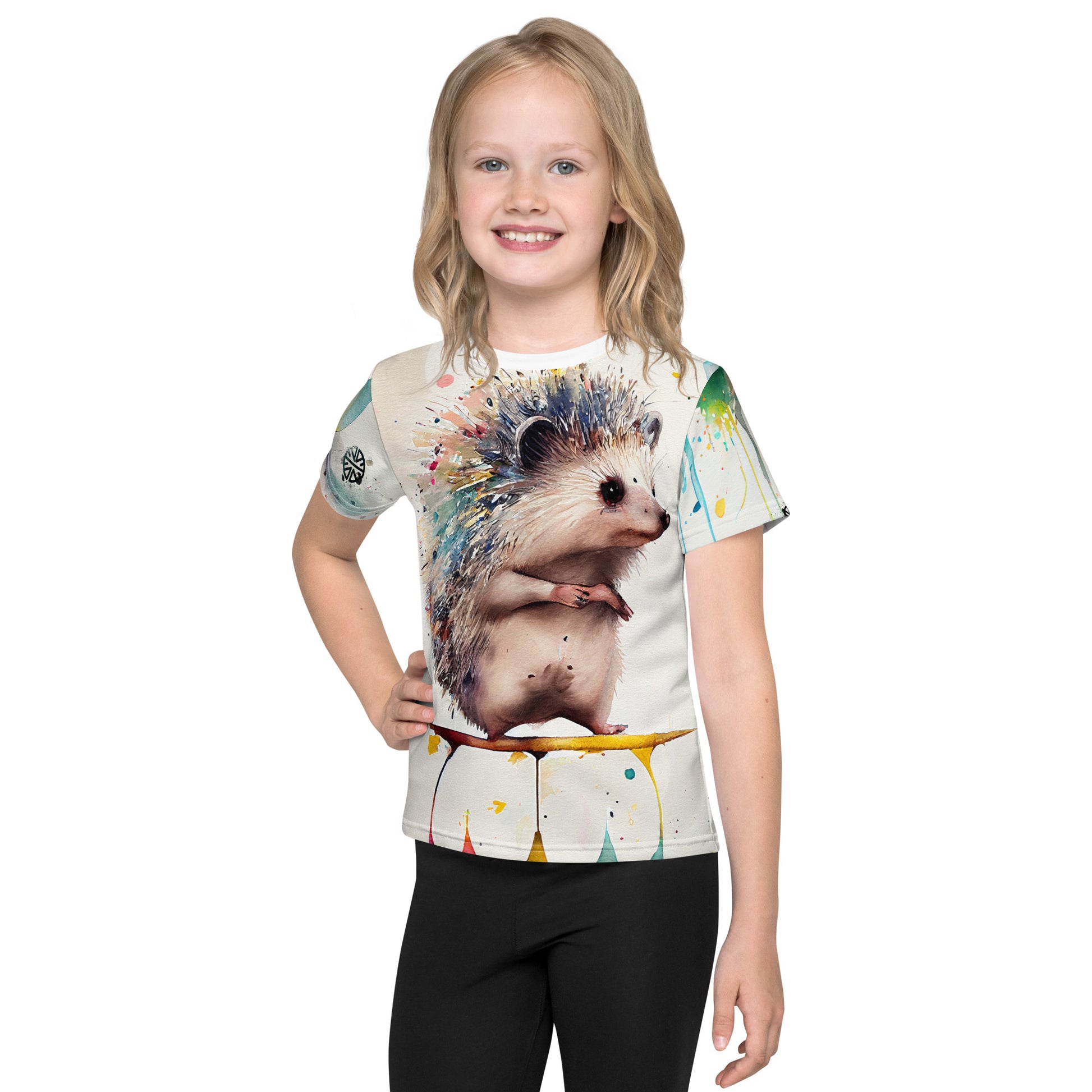 Colorful Adventures Await: Kids' All-Over Print Shirt with Splashy Watercolor Hedgehog - A Whimsical Wardrobe Addition!