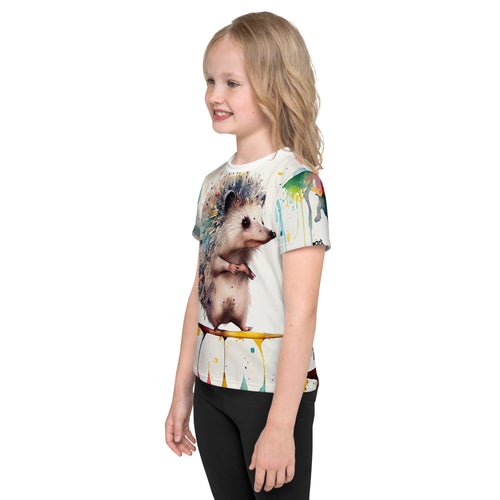 Colorful Adventures Await: Kids' All-Over Print Shirt with Splashy Watercolor Hedgehog - A Whimsical Wardrobe Addition!