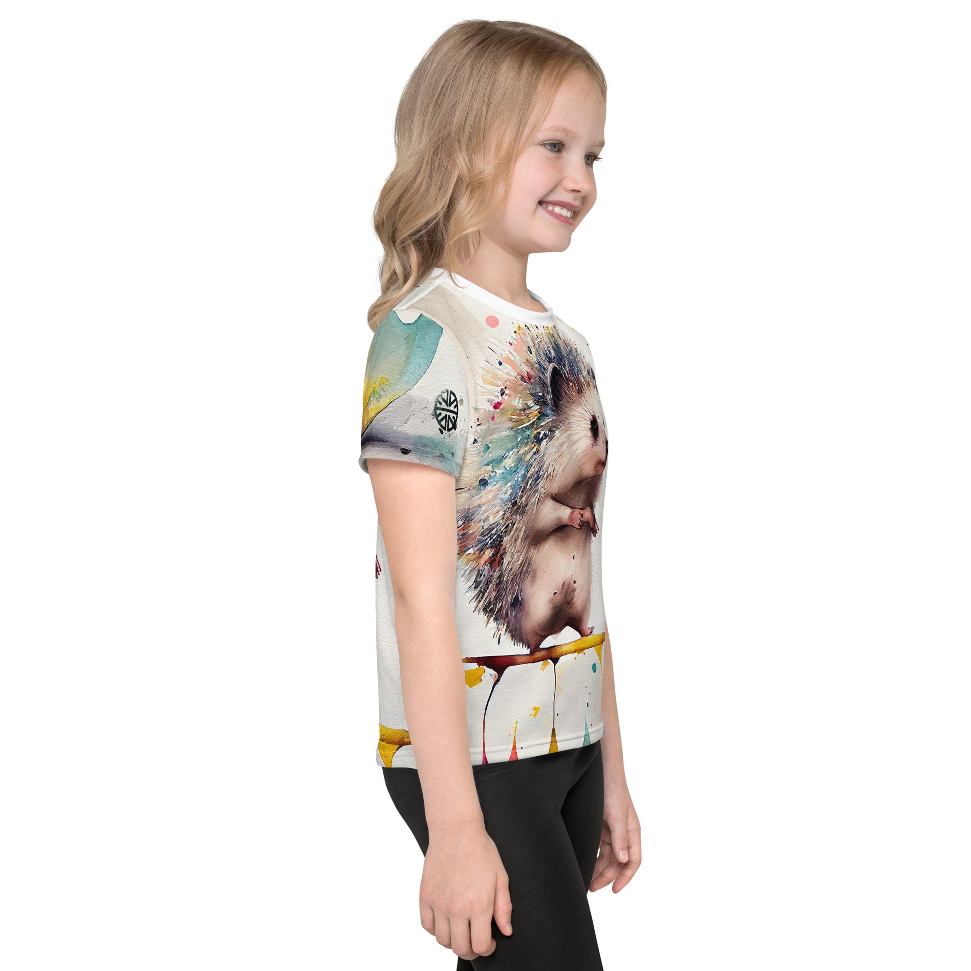 Colorful Adventures Await: Kids' All-Over Print Shirt with Splashy Watercolor Hedgehog - A Whimsical Wardrobe Addition!