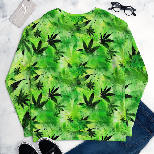 Verdant Vibes: Intense Green Floral Allover Print Unisex Pullover - Bold & Cannabis-Inspired, SenStoner Collection