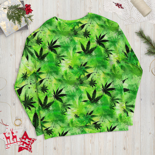 Verdant Vibes: Intense Green Floral Allover Print Unisex Pullover - Bold & Cannabis-Inspired, SenStoner Collection