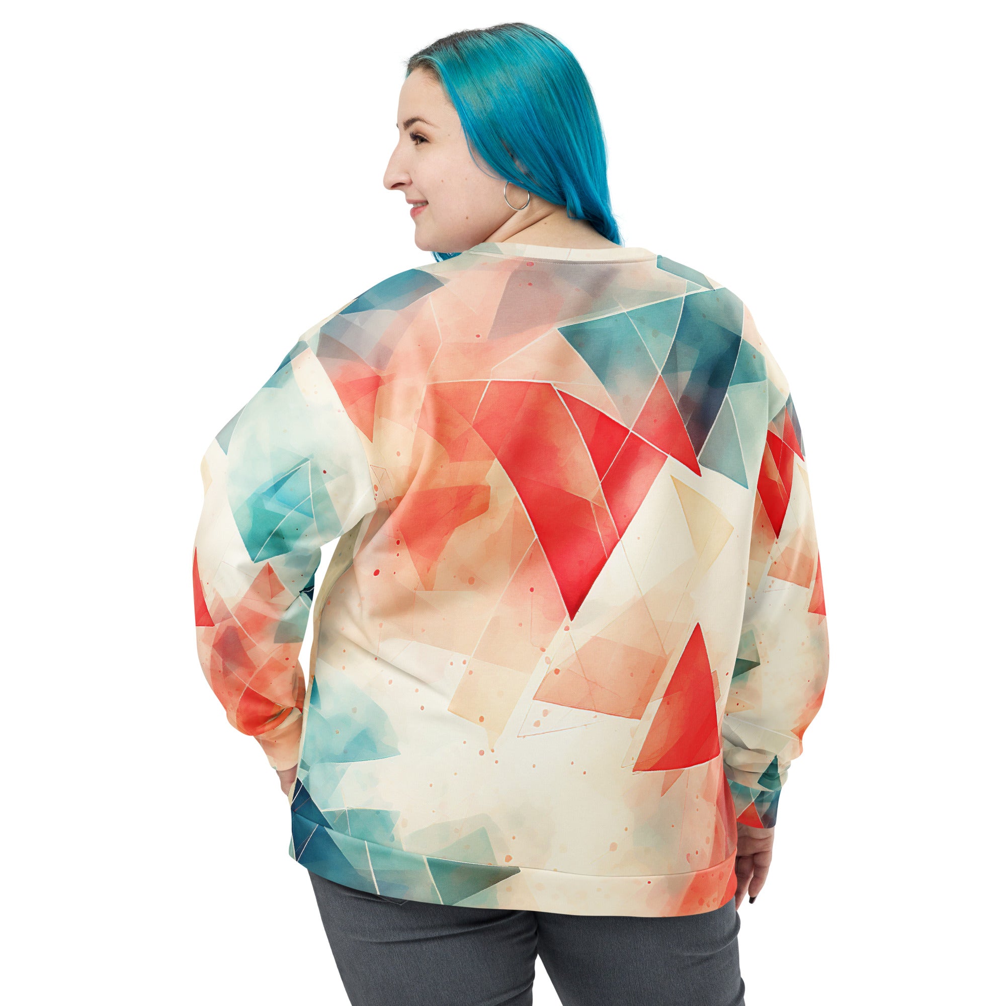 Eco-Friendly Gaming Comfort: Red & Blue Triangles on Off-White Recycled Polyester Sweatshirt!