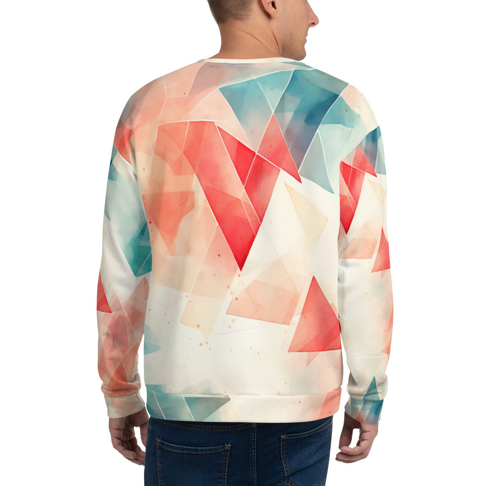 Eco-Friendly Gaming Comfort: Red & Blue Triangles on Off-White Recycled Polyester Sweatshirt!