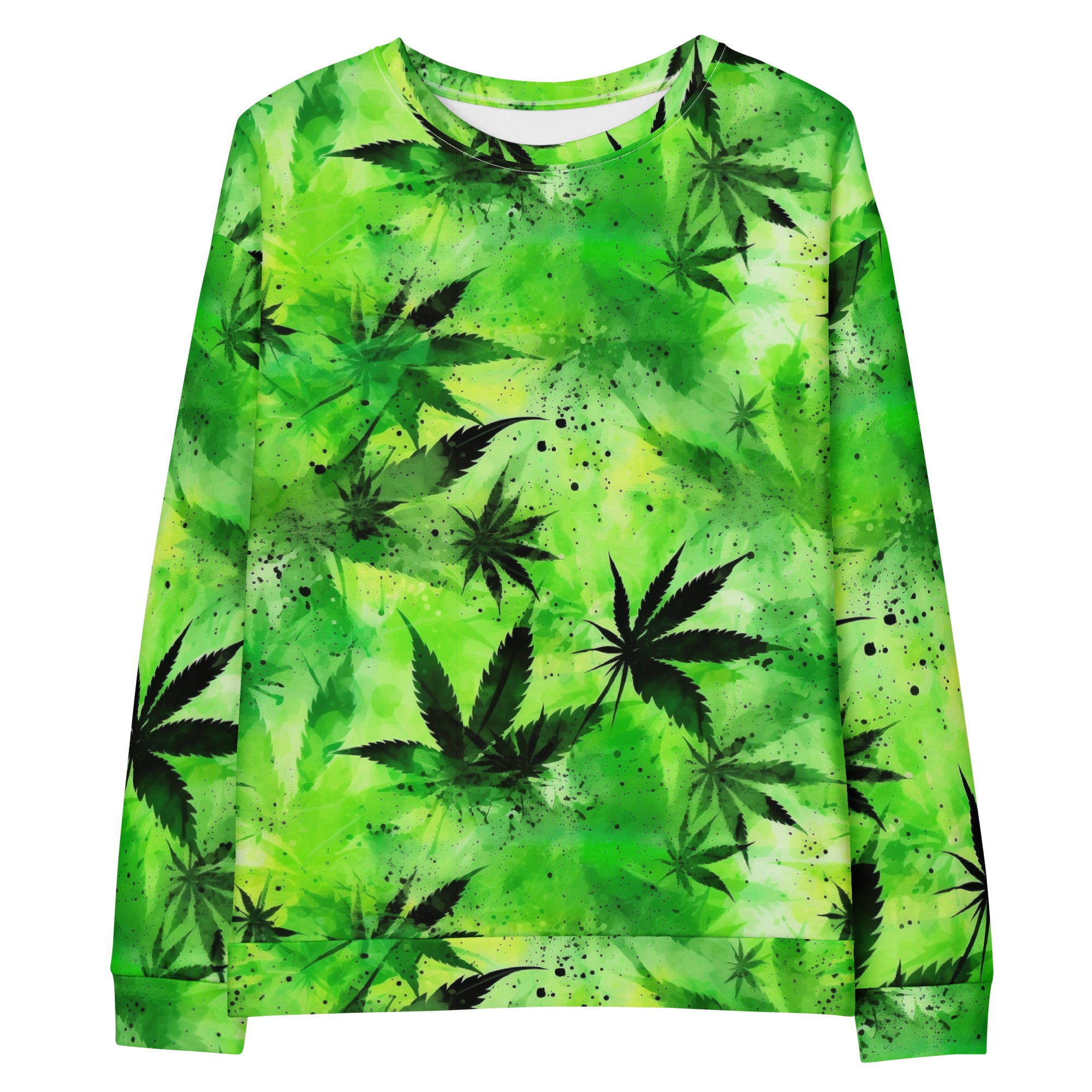 Verdant Vibes: Intense Green Floral Allover Print Unisex Pullover - Bold & Cannabis-Inspired, SenStoner Collection