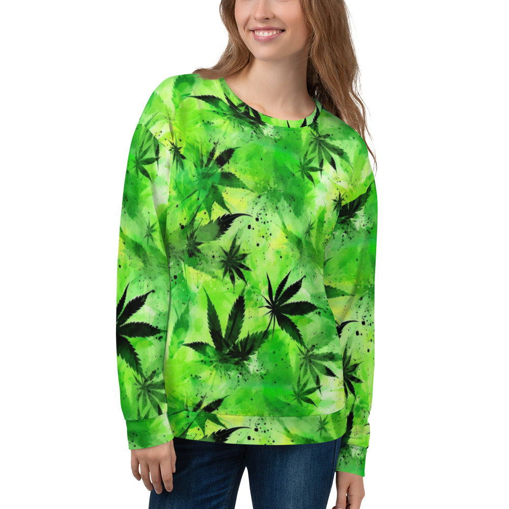 Verdant Vibes: Intense Green Floral Allover Print Unisex Pullover - Bold & Cannabis-Inspired, SenStoner Collection