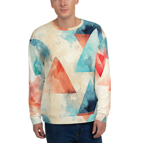 Eco-Friendly Gaming Comfort: Red & Blue Triangles on Off-White Recycled Polyester Sweatshirt!