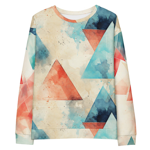 Eco-Friendly Gaming Comfort: Red & Blue Triangles on Off-White Recycled Polyester Sweatshirt!