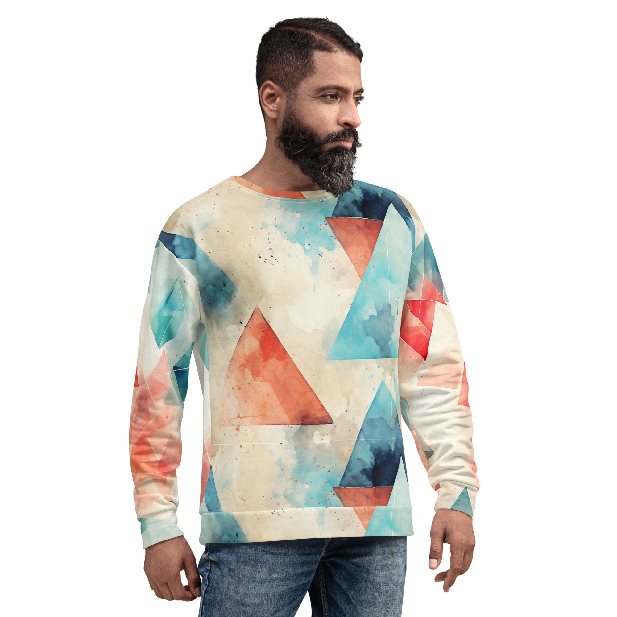 Eco-Friendly Gaming Comfort: Red & Blue Triangles on Off-White Recycled Polyester Sweatshirt!