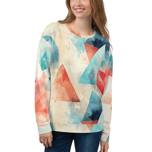 Eco-Friendly Gaming Comfort: Red & Blue Triangles on Off-White Recycled Polyester Sweatshirt!