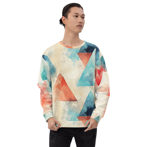 Eco-Friendly Gaming Comfort: Red & Blue Triangles on Off-White Recycled Polyester Sweatshirt!