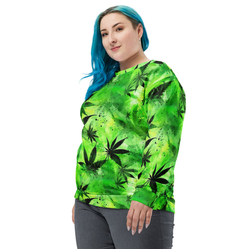 Verdant Vibes: Intense Green Floral Allover Print Unisex Pullover - Bold & Cannabis-Inspired, SenStoner Collection