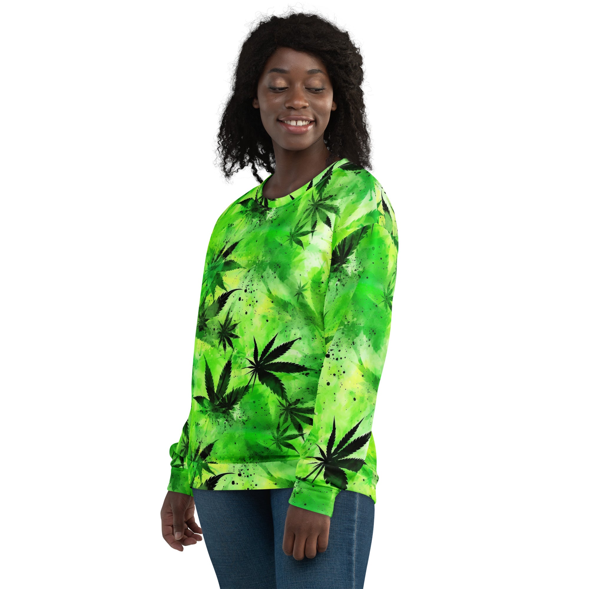 Verdant Vibes: Intense Green Floral Allover Print Unisex Pullover - Bold & Cannabis-Inspired, SenStoner Collection