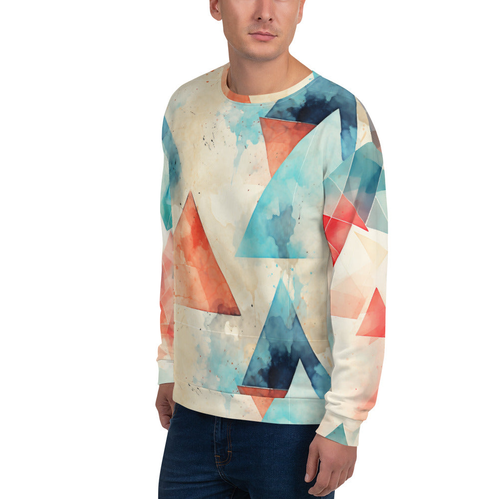 Eco-Friendly Gaming Comfort: Red & Blue Triangles on Off-White Recycled Polyester Sweatshirt!