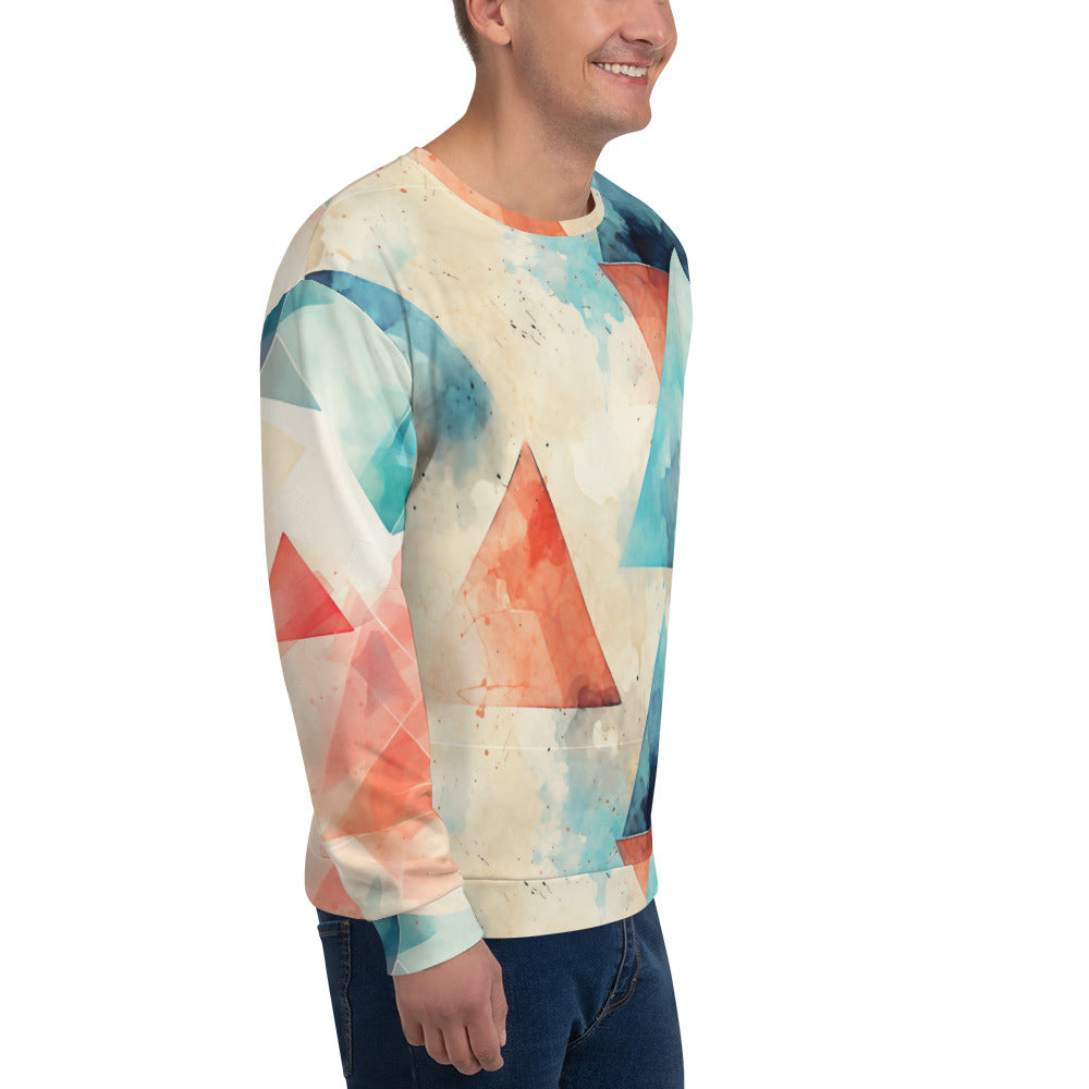 Eco-Friendly Gaming Comfort: Red & Blue Triangles on Off-White Recycled Polyester Sweatshirt!