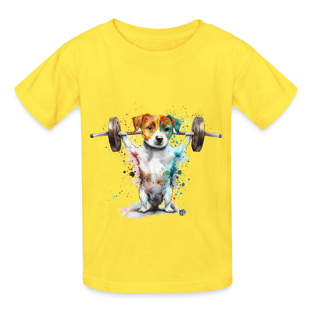 Weightlifting Jack Russell Terrier: Adorable Kids' T-Shirt by Russell - yellow