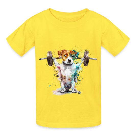 Weightlifting Jack Russell Terrier: Adorable Kids' T-Shirt by Russell - yellow