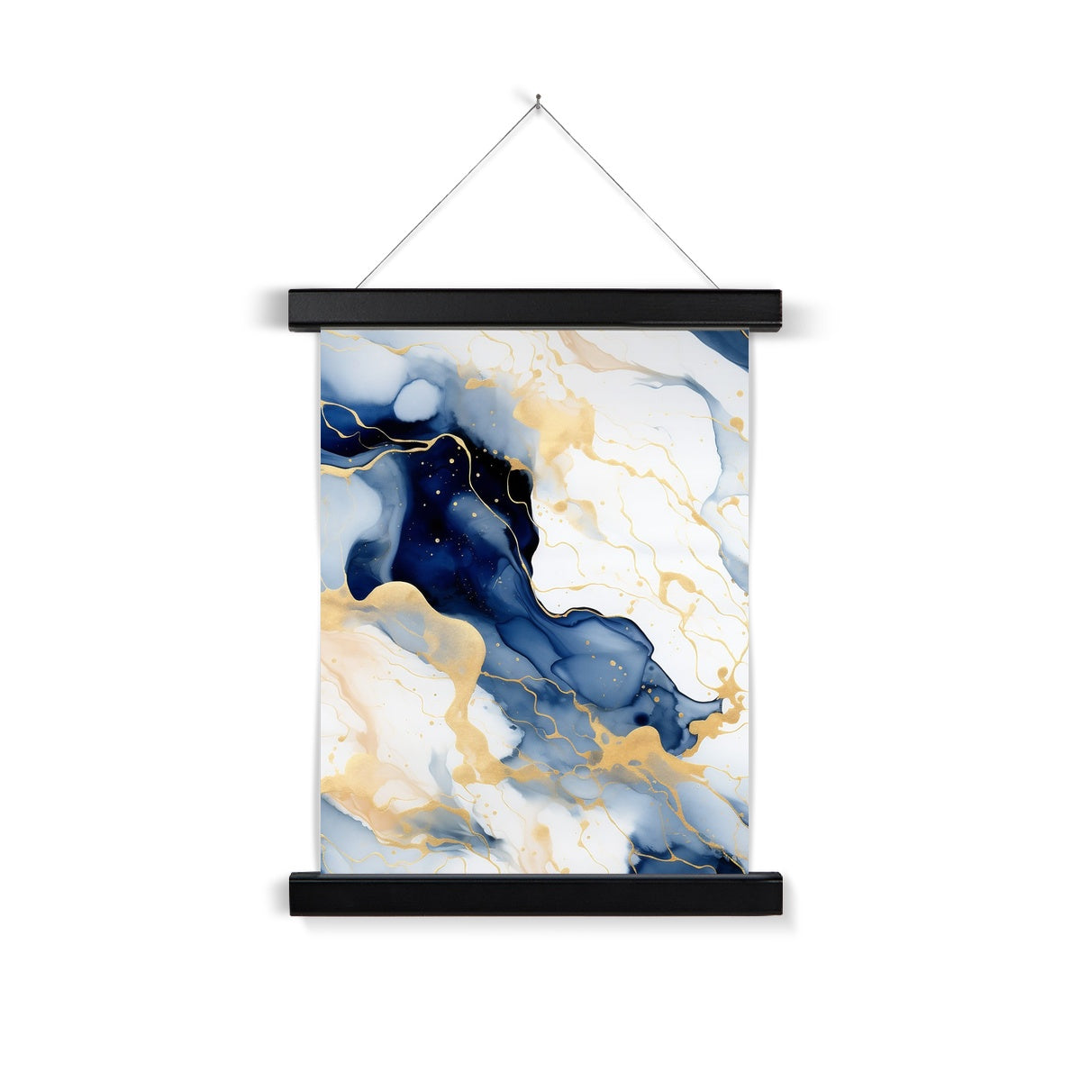 Golden Navy Whirls: Elegant Marble Art Hanging Print