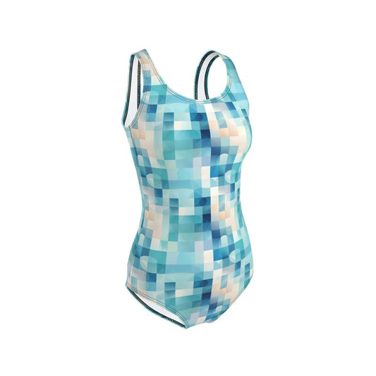 Aqua Pixel Bliss: Azure Pixelated Swimsuit