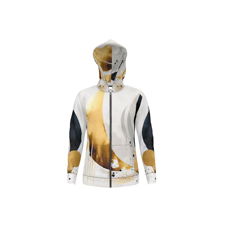 Golden Moon & Ikebana Floral: A Zipper Hoodie of Midnight Elegance