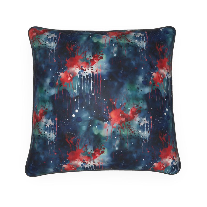 Dark Blue & Red Drips Cushion: Splash Design Pattern - A Fusion of Comfort and Art