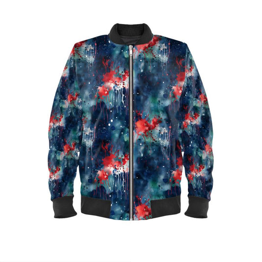 Men's Bomber Jacket: Dark Blue & Red Drips Splash Design - Contemporary Art