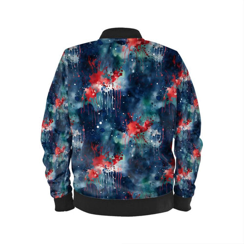 Men's Bomber Jacket: Dark Blue & Red Drips Splash Design - Contemporary Art