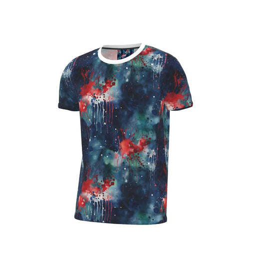 Cut And Sew T-Shirt: Dark Blue & Red Drips Splash Design - Modern Arti