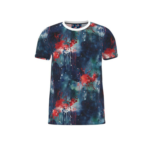 Cut And Sew T-Shirt: Dark Blue & Red Drips Splash Design - Modern Arti