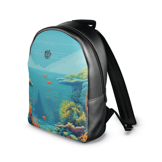 Exclusive Leather Backpack: Great Barrier Reef Pixel Art - Friendly Underwater Scene, Elegant Ladies' Daypack