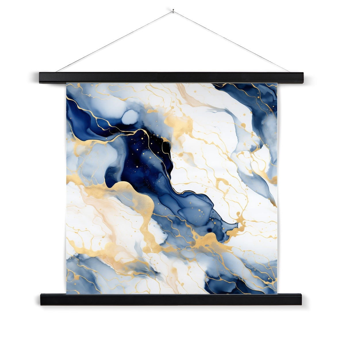 Golden Navy Whirls: Elegant Marble Art Hanging Print