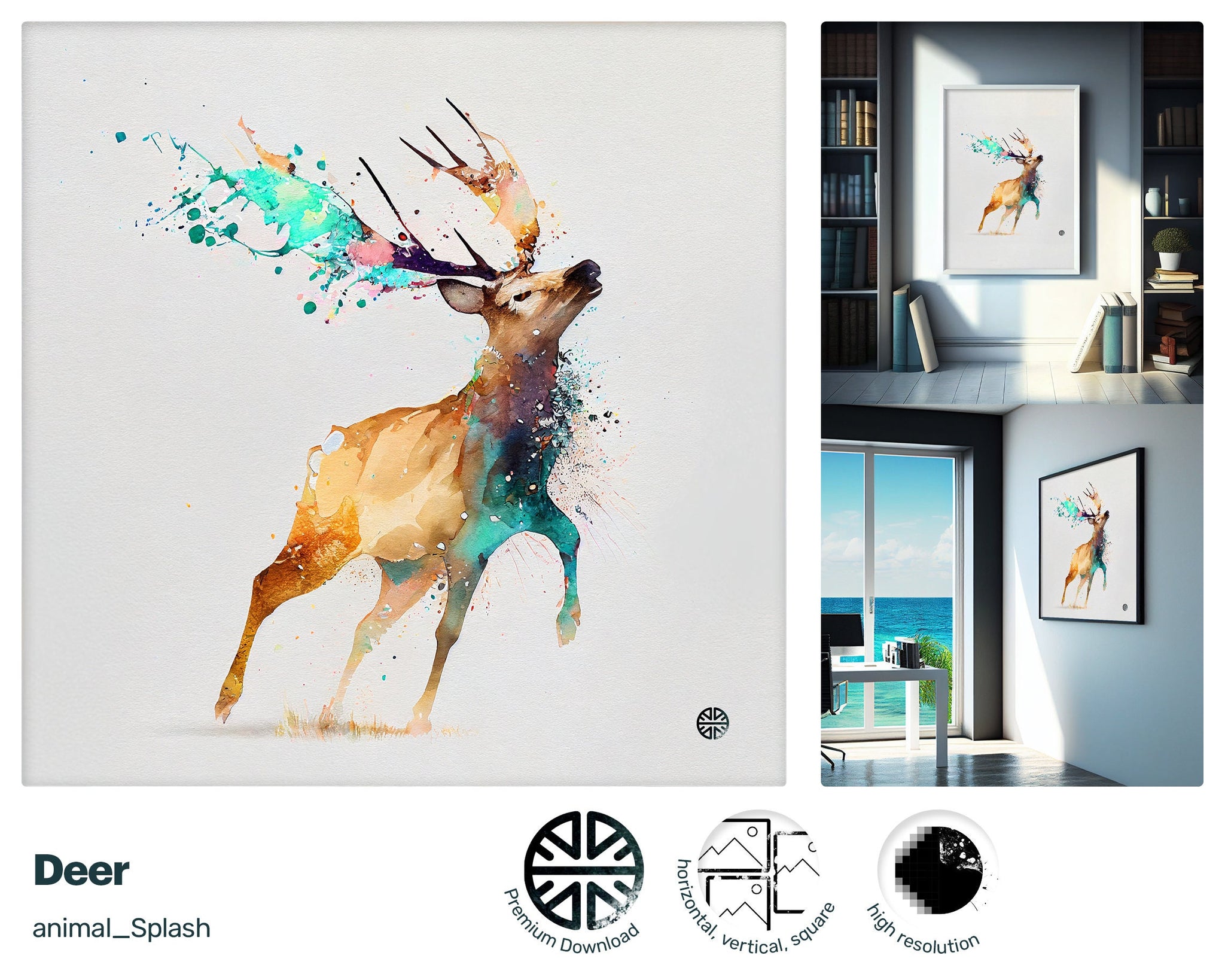 Deer, Pet Fun Artwork Digital Wall Art, Printable Poster Wall Decor Cute Animal, Digital Download DIY Print Gift, Watercolor Sports