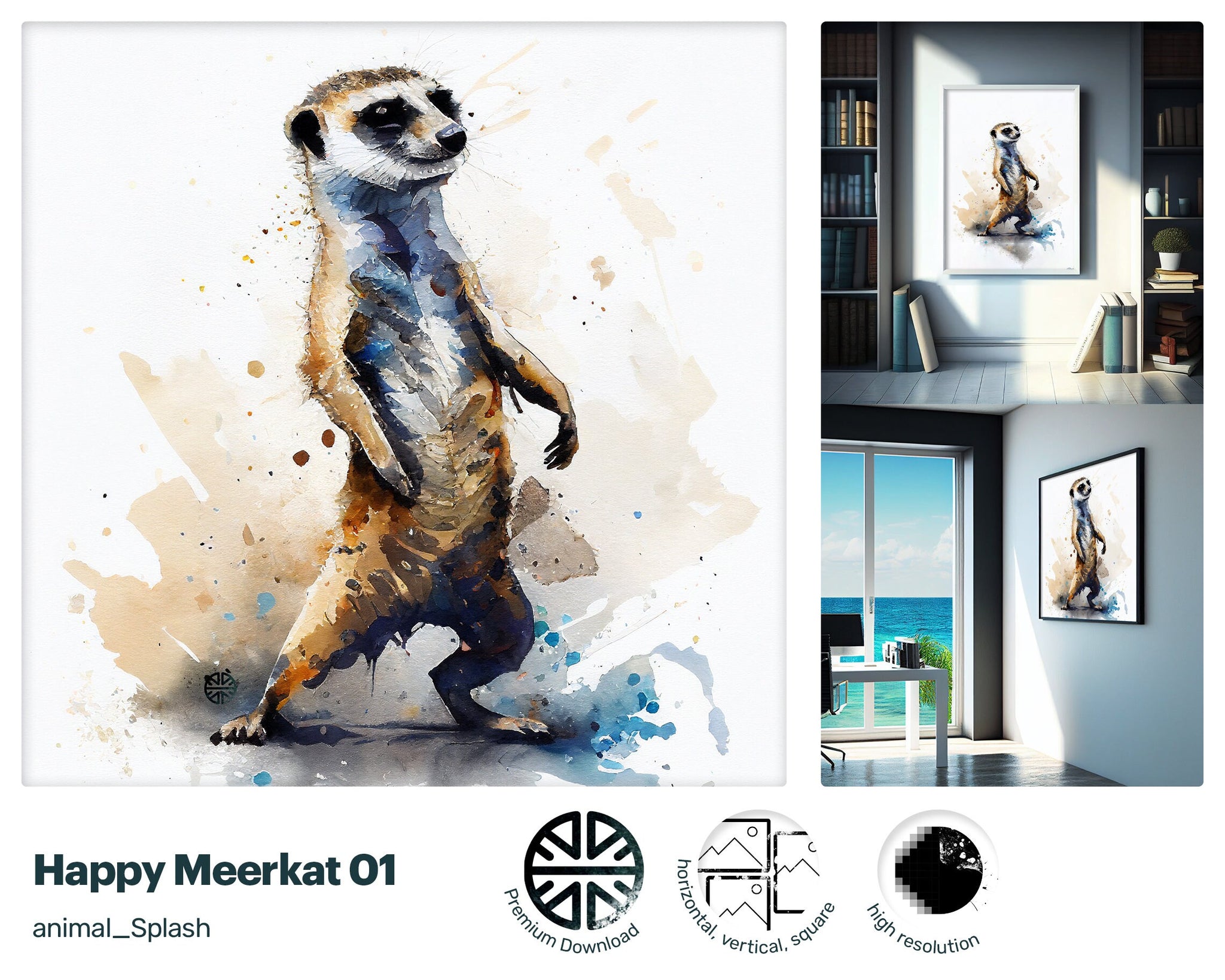 Happy Meerkat style, Gift for kids, Printable Wall Art, premium download Cute Animal, Digital Download Print, drops and splashes