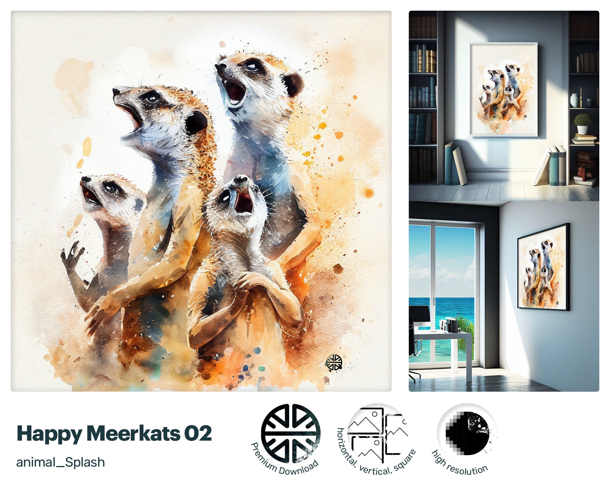 Happy Meerkats style, Gift for kids, Printable Wall Art, premium download Cute Animal, Digital Download Print, drops and splashes