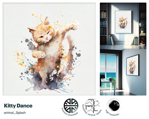 Graceful Painted Kitty Dancing, Adorable Quirky Poster, Soothing Intriguing Vogue Splashy Sparkling Instant Download