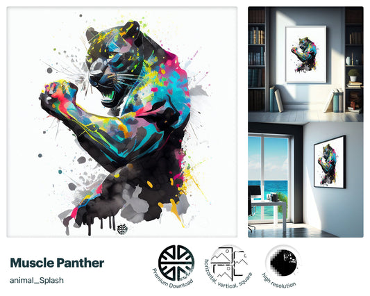 Muscle Panther style, Gift for kids, Printable Wall Art, premium download Cute Animal, Digital Download Print, drops and splashes