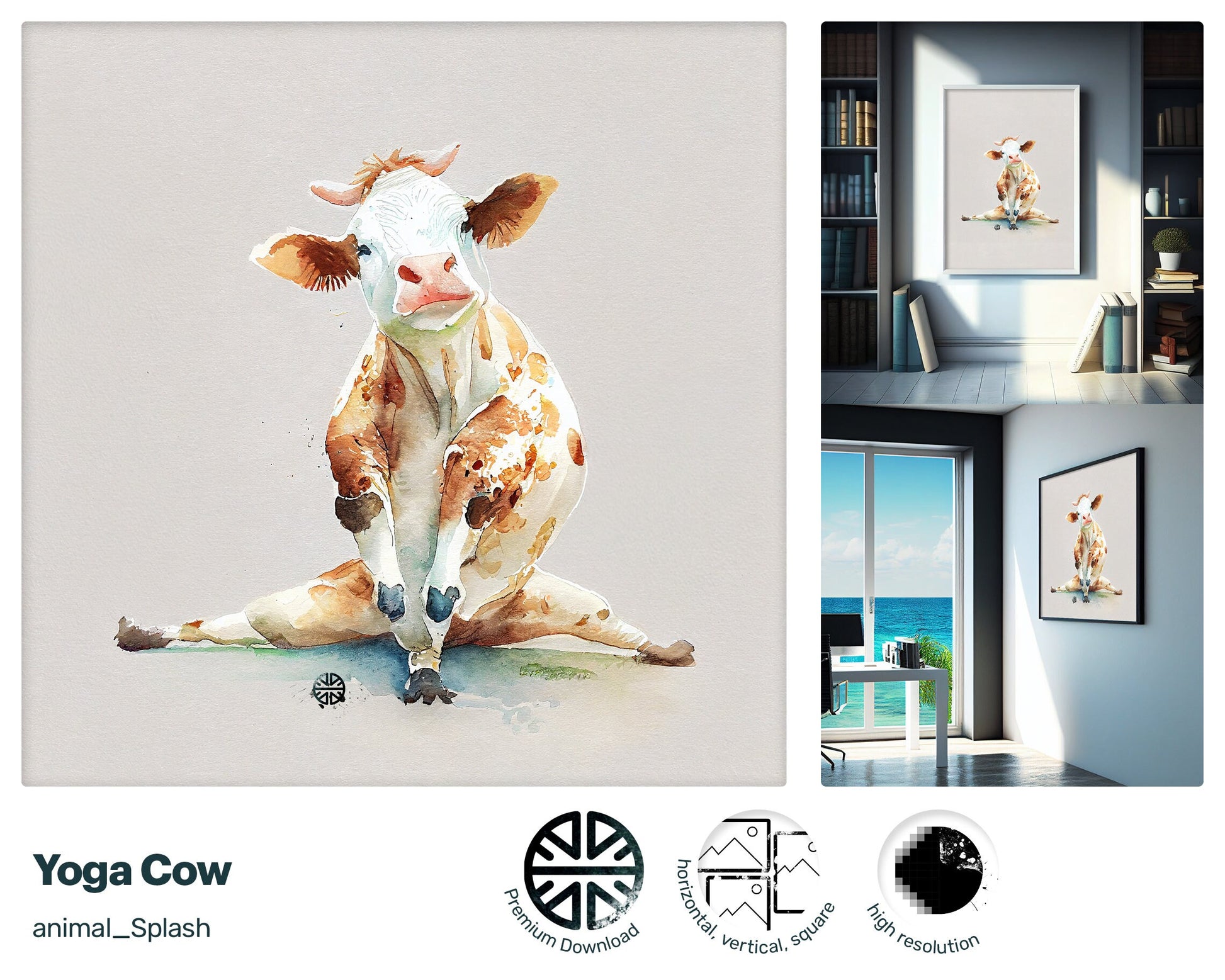 Yoga Cow, Gift for kids, Printable Wall Art, Digital Download Print, drops and splashes